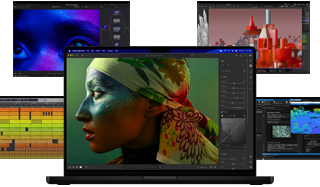 A variety of colorful screen content from music production, video editing, 3D animation, and photo editing apps on Mac, demonstrating powerful graphics performance